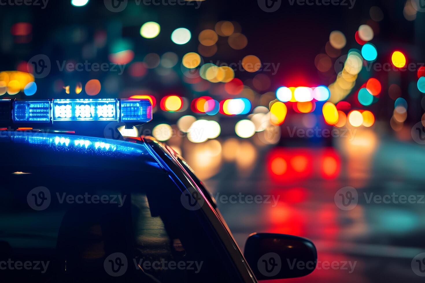 AI Generated police car lights at night in city street with selective focus and bokeh photo