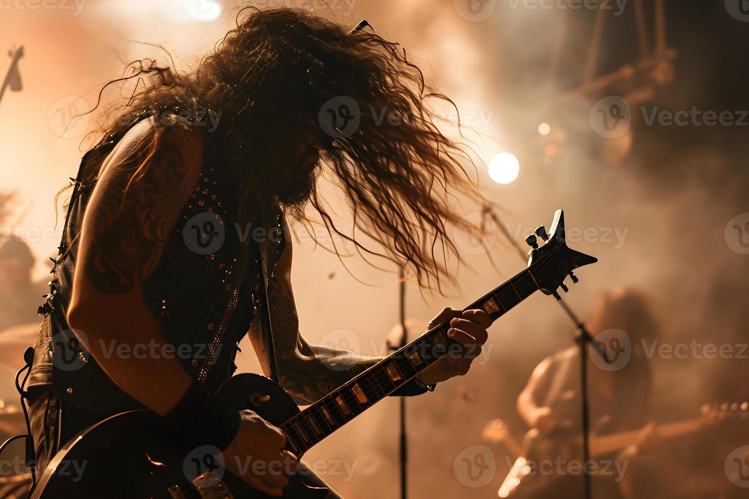 AI Generated Long-haired rock musician with electric guitar playing in dark smoke with orange lighting. photo