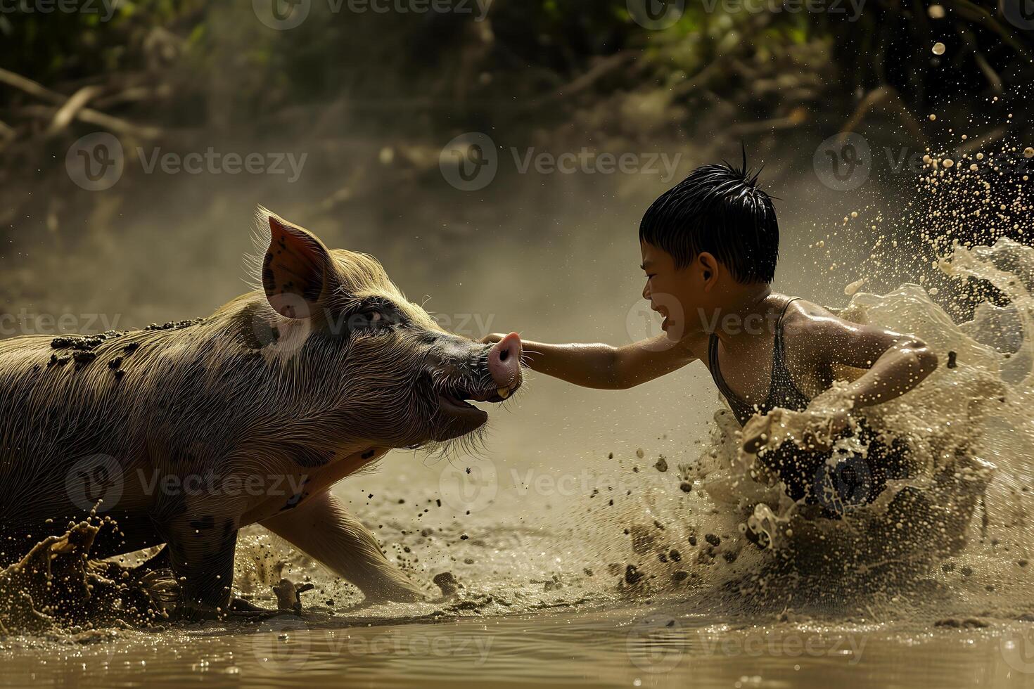 AI Generated Boy with a pig in a dirt. Never wrestle with a pig because you will both get dirty and the pig likes it. photo