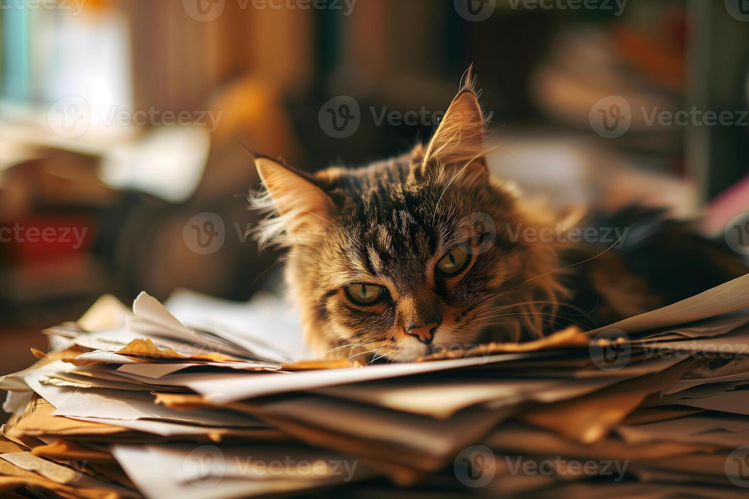 AI Generated cat in an office, overwhelmed by a mountains of paperwork photo