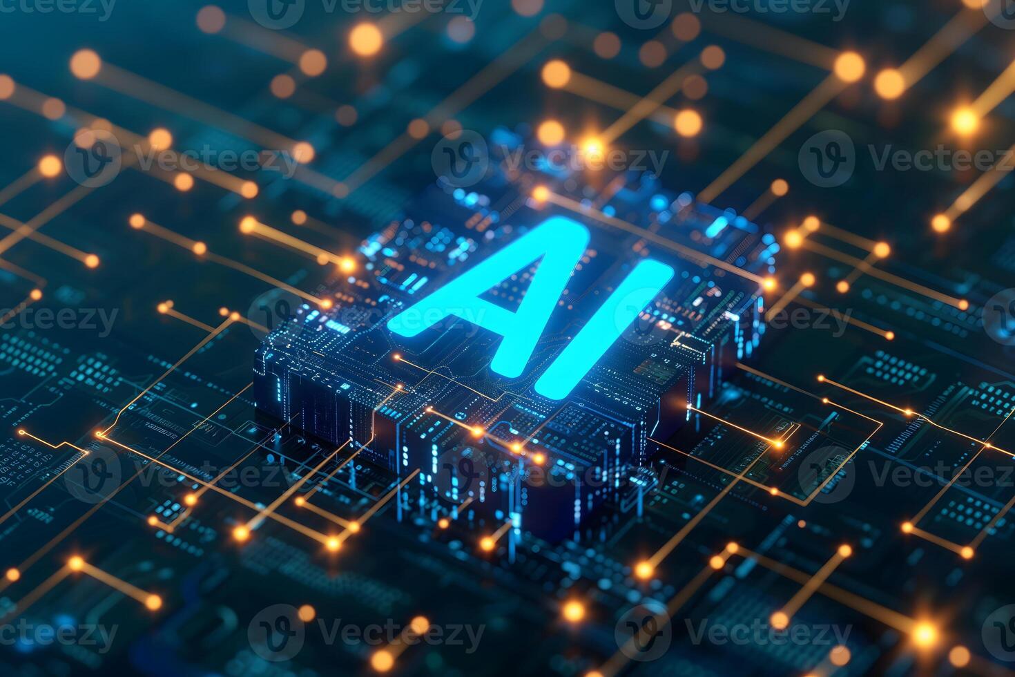 AI Generated word AI - artificial intelligence circuit board with blue and orange glow photo
