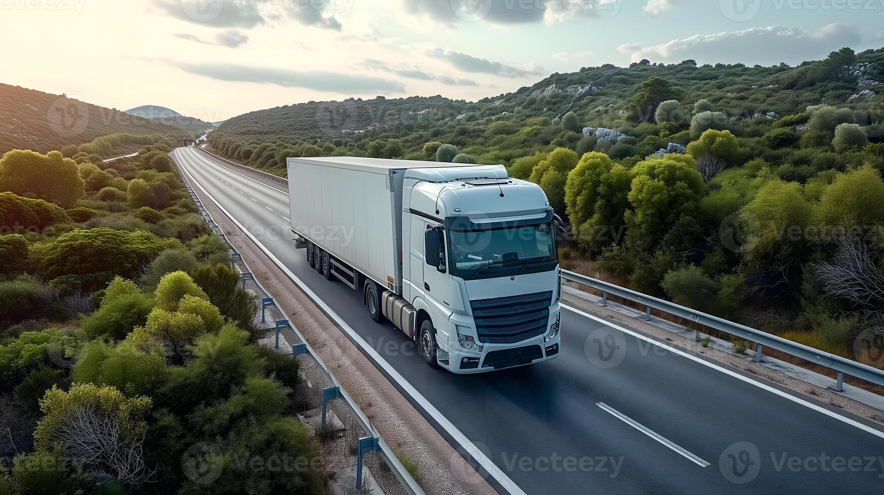 AI Generated white European semitruck is seen from the sky on a highway backed by vegetation photo