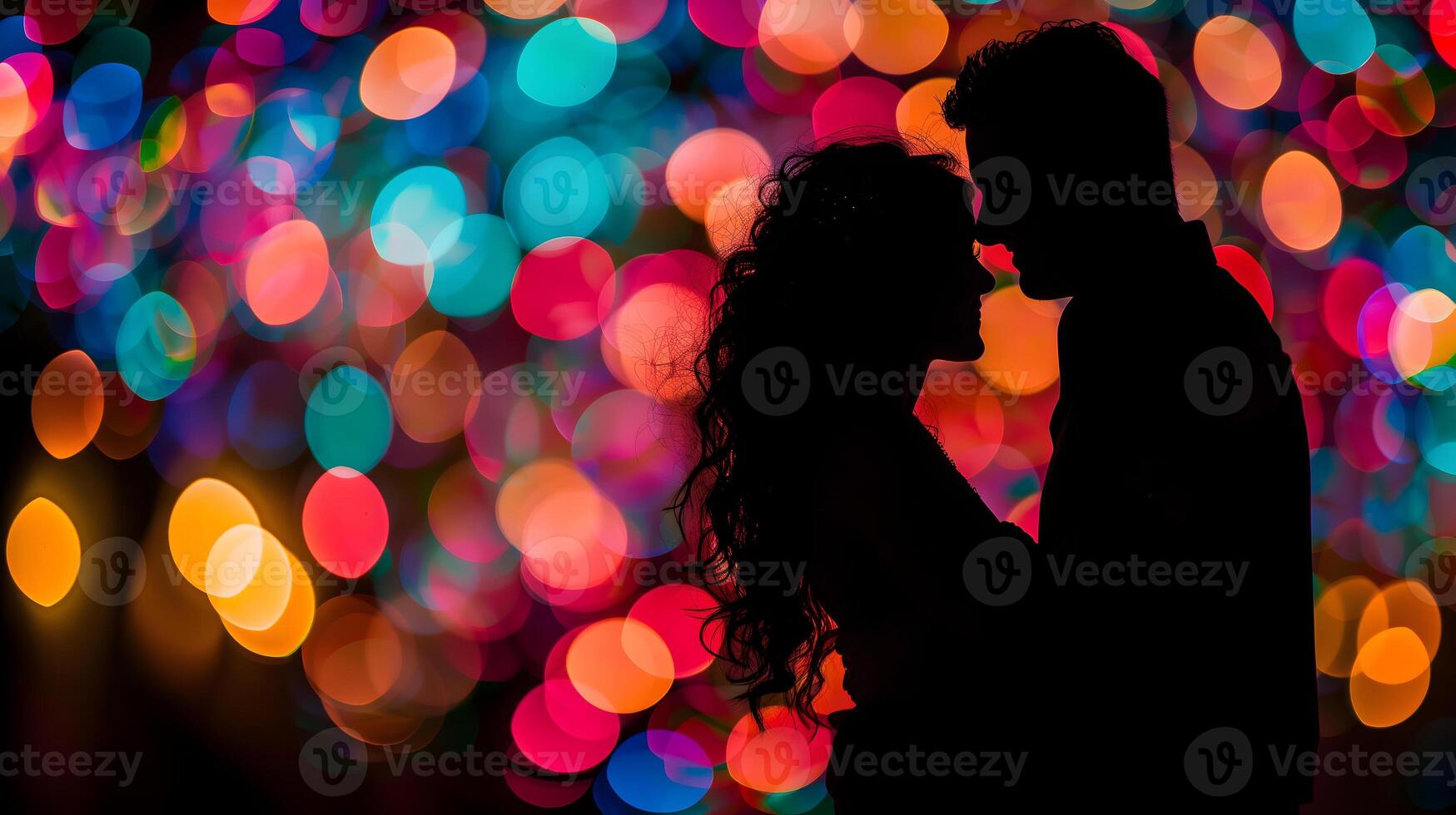 ai generado silueta de un Pareja con un vistoso bokeh antecedentes foto