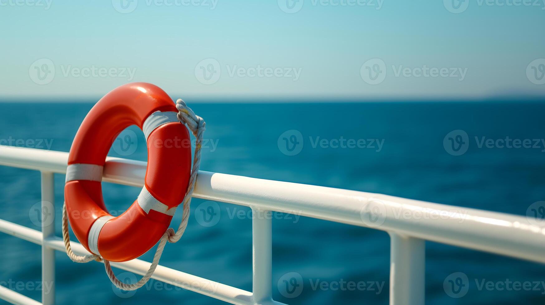 AI Generated lifebuoy attached to a ship's white railing, with the clear blue sea in the background photo
