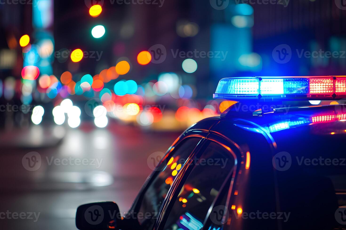 AI Generated police car lights at night in city street with selective focus and bokeh photo