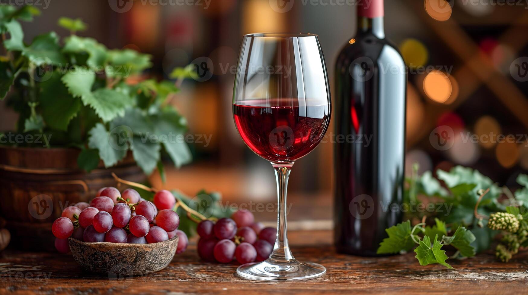 AI Generated Glass with red wine and wine bottle on the right over a wooden table in the pub background with copy space. photo