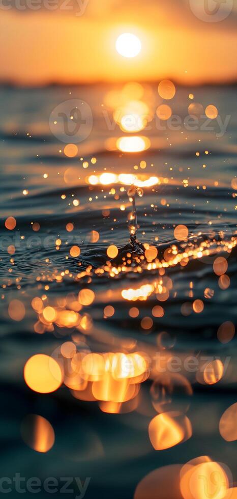 AI Generated Sunset bokeh on water. golden sky over a body of water, with the light reflecting and creating a bokeh effect. photo