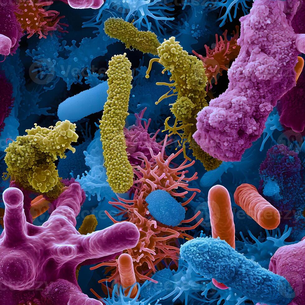 AI Generated Seamless texture and background of diverse colorful abstract microorganisms photo