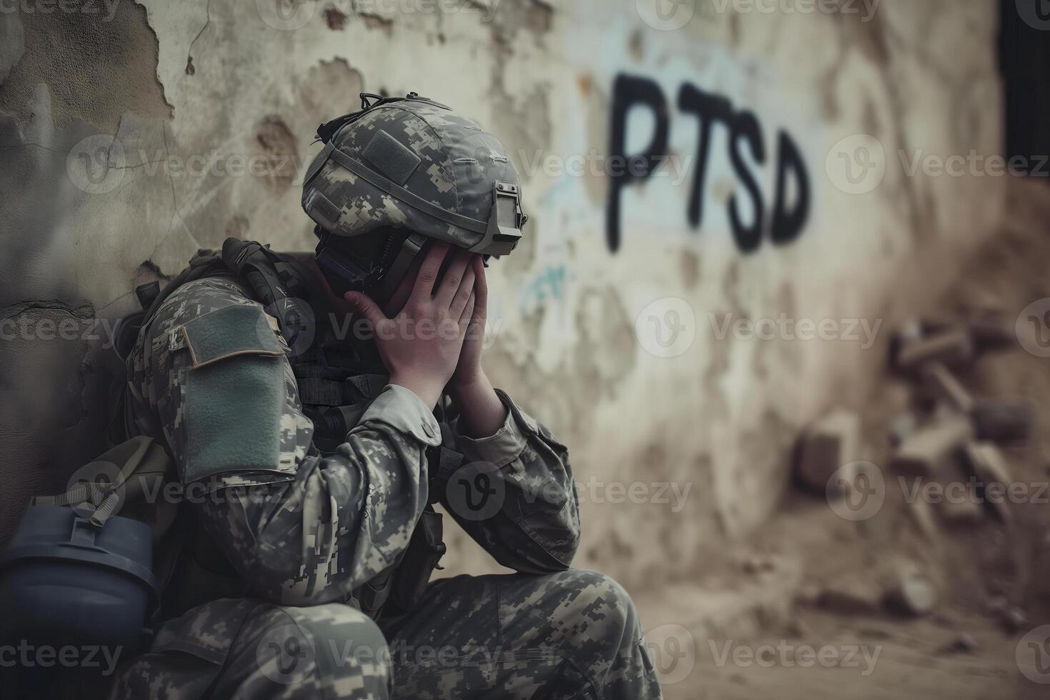 AI Generated sad soldier and inscription PTSD on the wall, PTSD for post-traumatic stress disorder photo