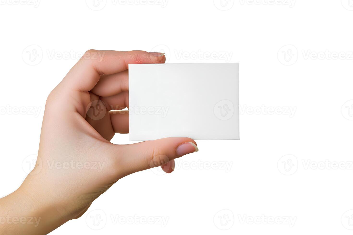 AI Generated woman Hand holding blank business card on white background photo