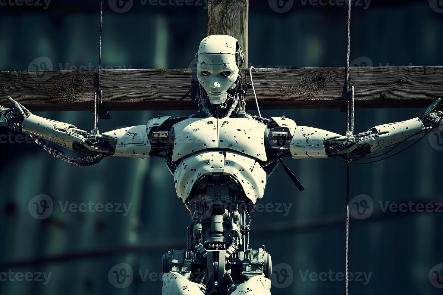 AI Generated crucified robot for AGI cyber god concept photo