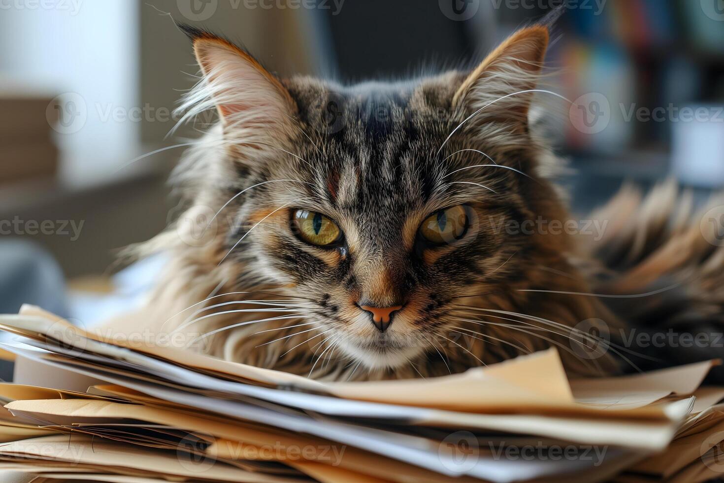 AI Generated cat in an office, overwhelmed by a mountains of paperwork photo