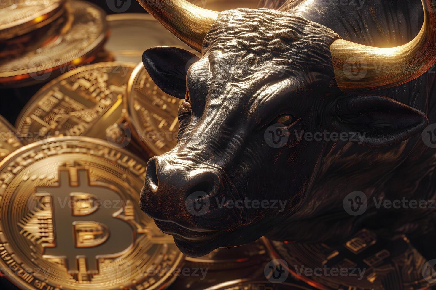AI Generated Bull with bitcoin. Bullish trend concept. photo