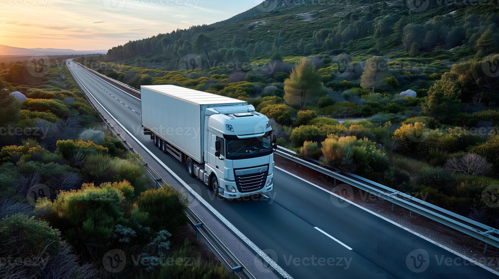 AI Generated white European semitruck is seen from the sky on a highway backed by vegetation photo