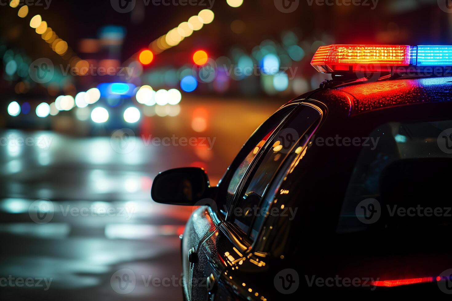 AI Generated police car lights at night in city street with selective focus and bokeh photo