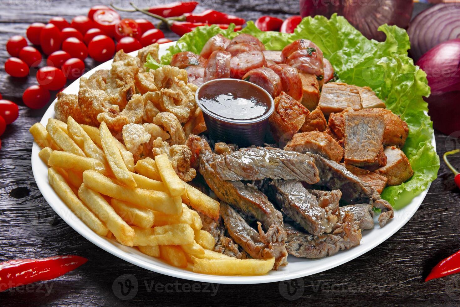 Snacks with fries, crackers, meat, pork, sausage photo