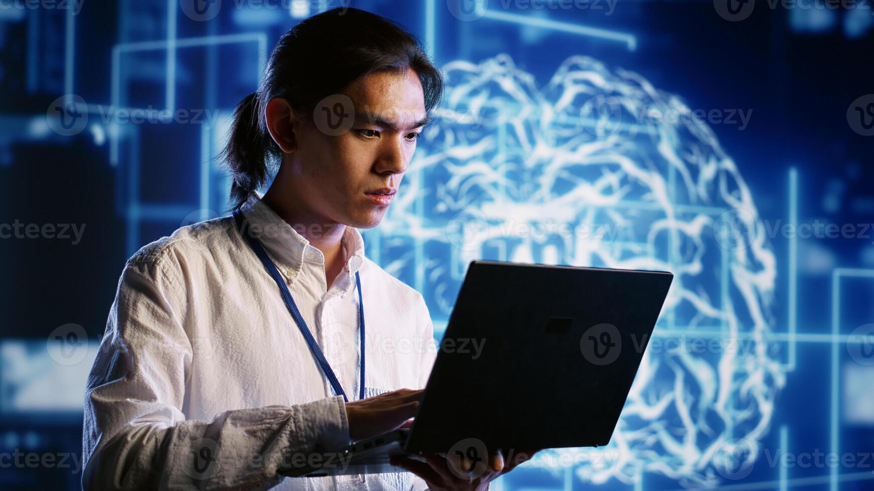 IT practitioner works with artificial intelligence computerized model simulating human brain. Tech savvy inspector overseeing AI machine learning algorithms pattern recognition photo