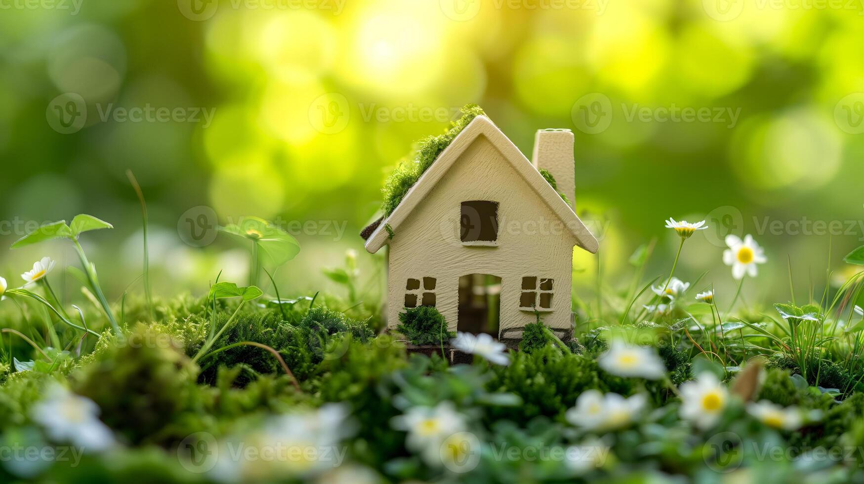 AI Generated Tiny toy house on spring grass sprouts. photo