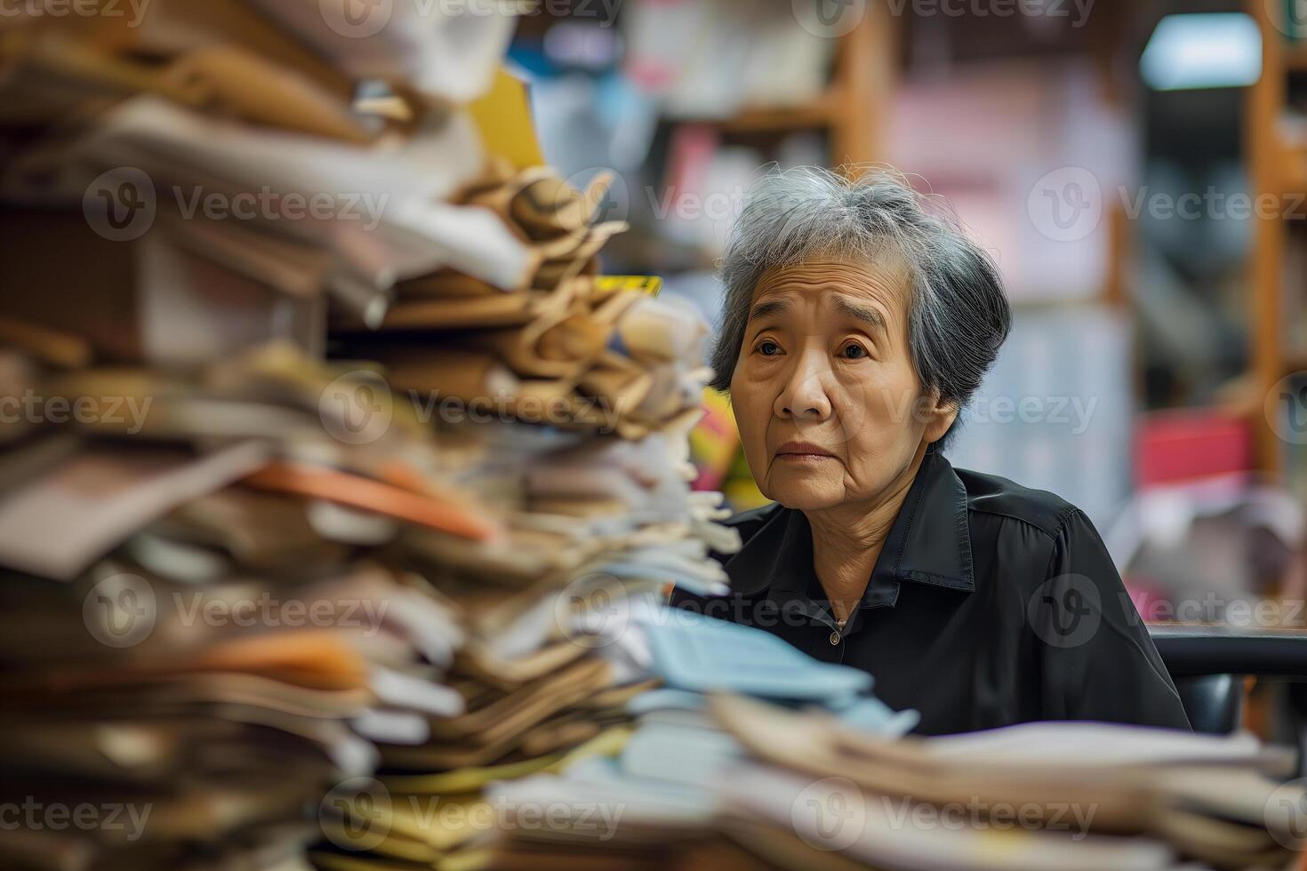 AI Generated Senior Asian woman in an office, overwhelmed by a mountains of paperwork photo