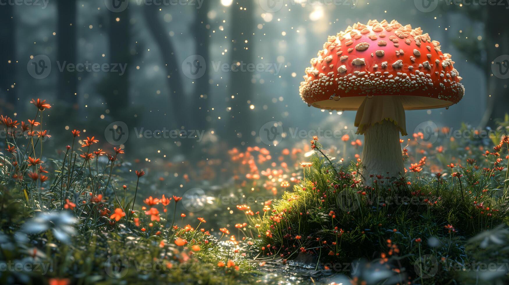 AI Generated Magical mushroom in fantasy enchanted fairy tale forest. photo