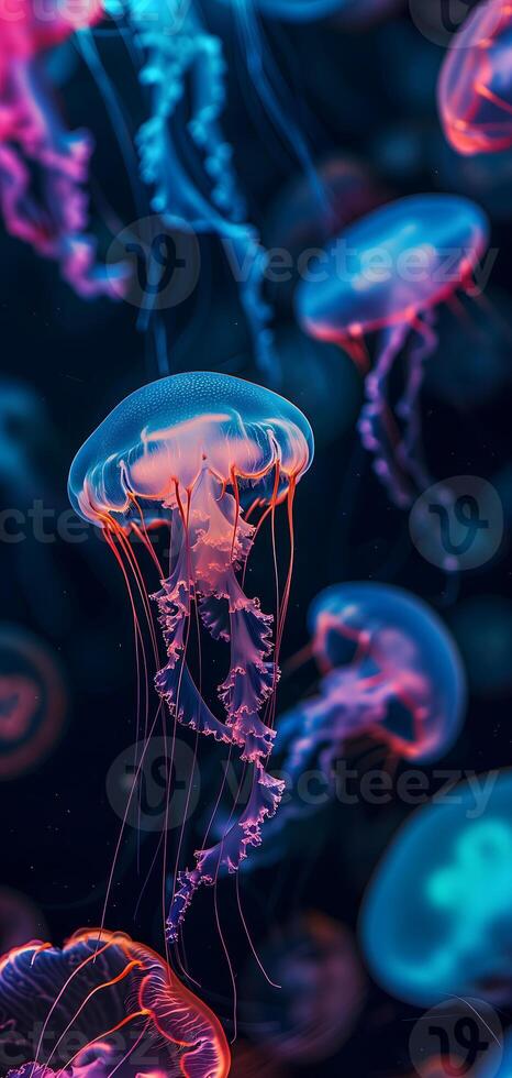 AI Generated glowing sea jellyfishes on dark background, neural network generated image photo