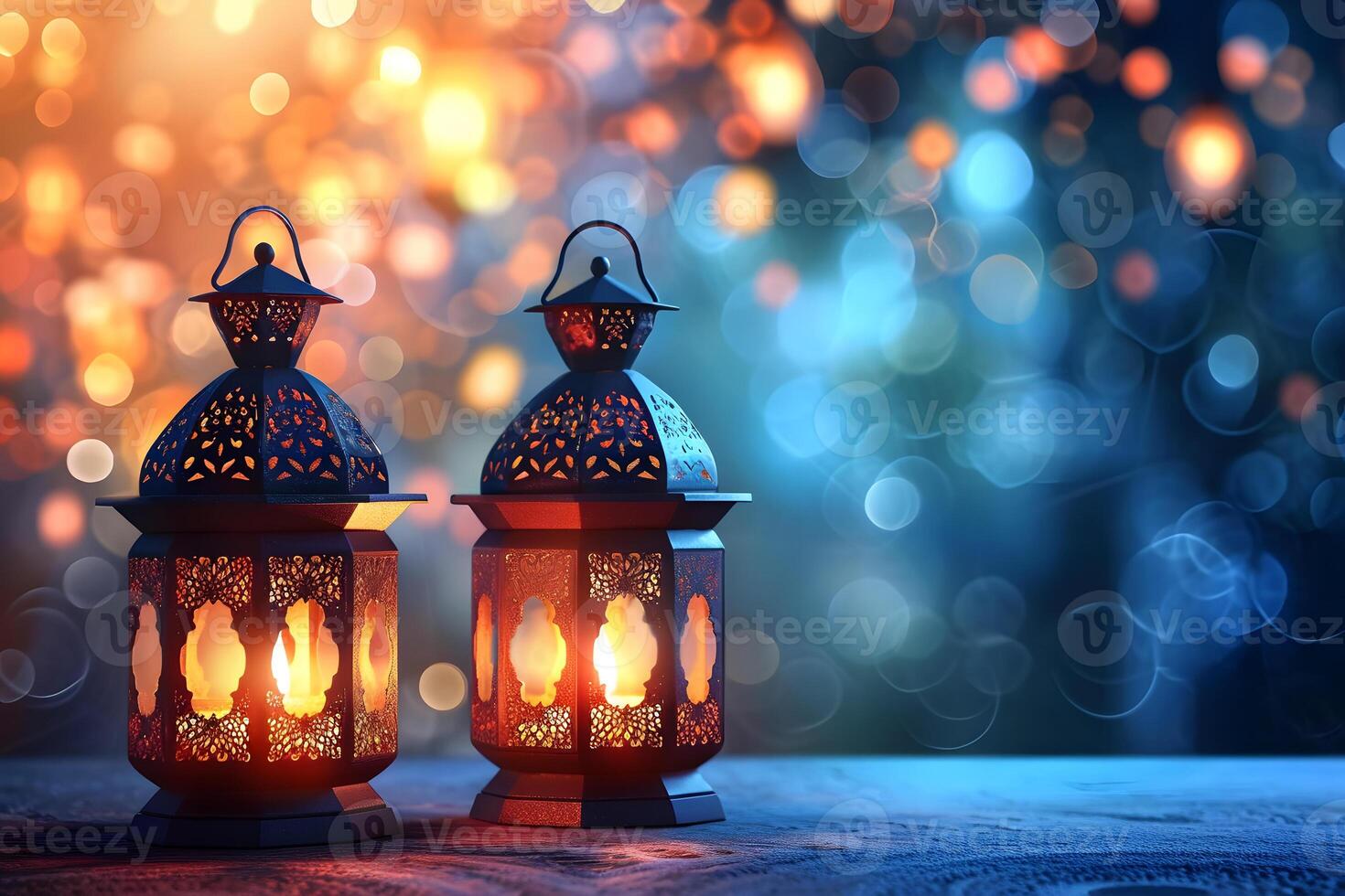 AI Generated fanous Ramadan lanterns at night photo