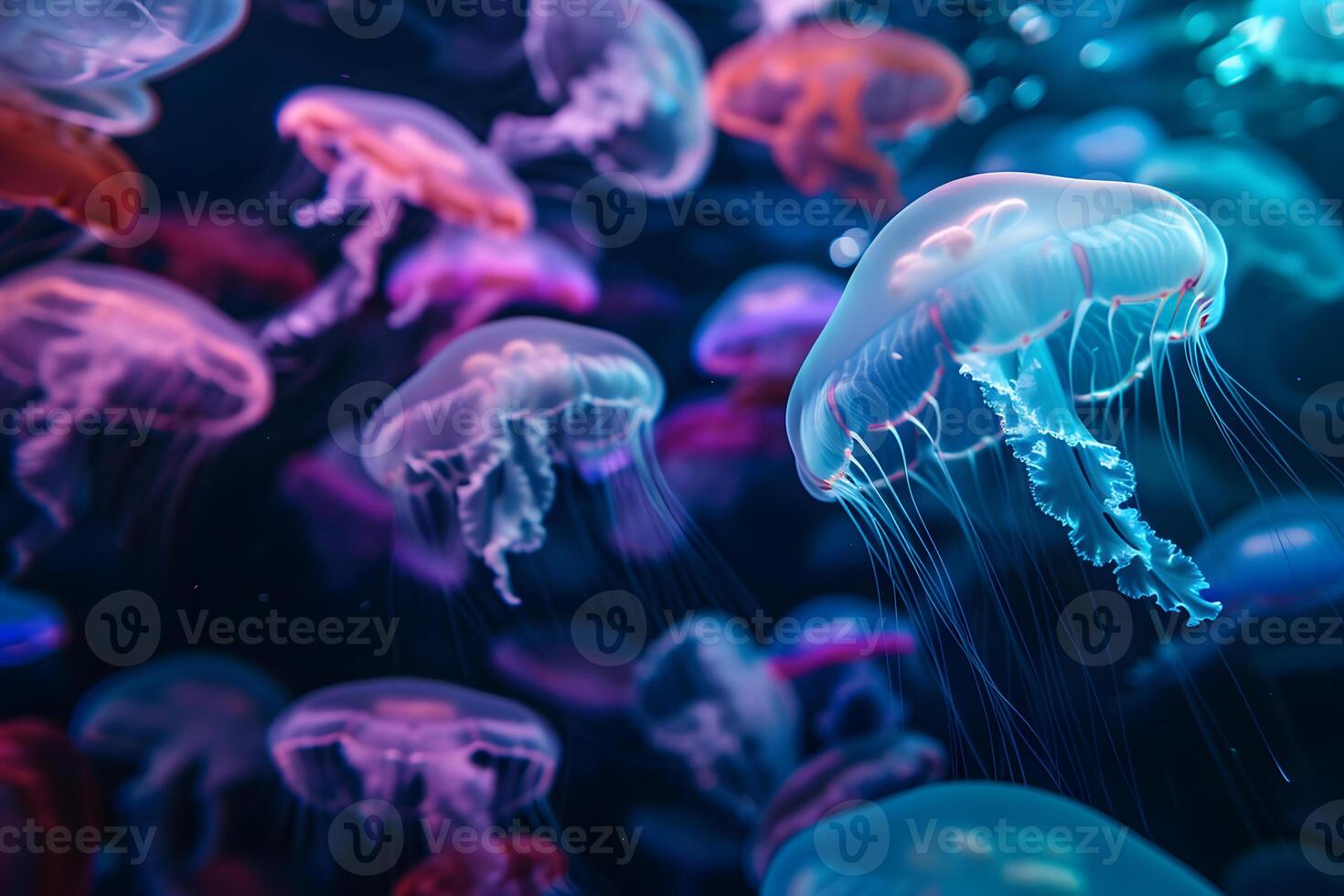 AI Generated glowing sea jellyfishes on dark background, neural network generated image photo