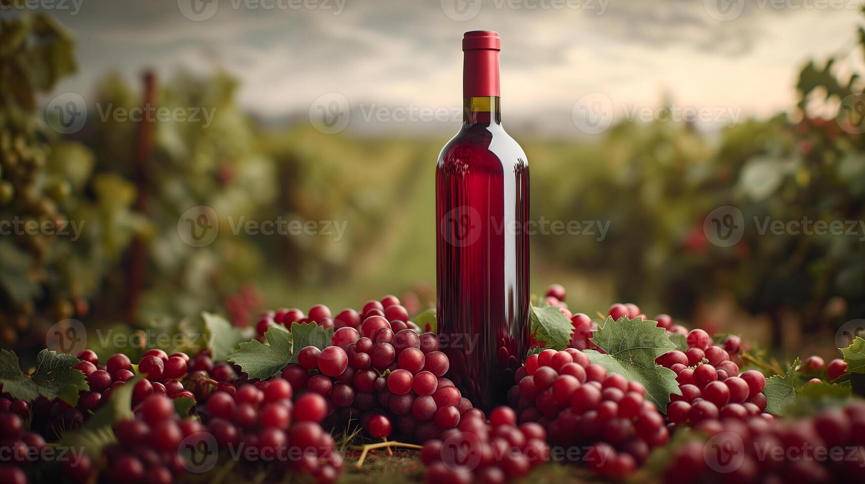 AI Generated A red wine bottle in front of a landscape of grape farmland. photo