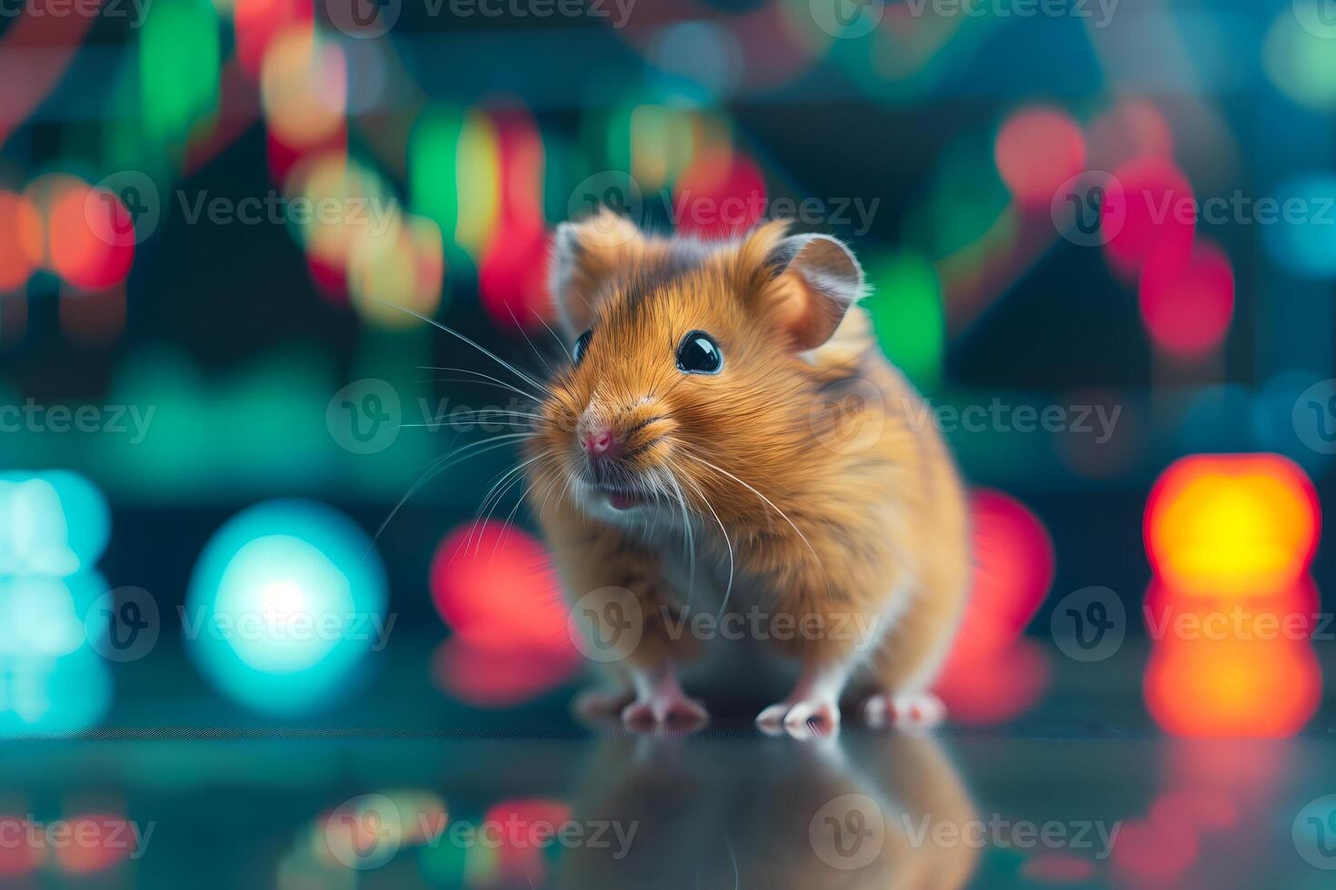 AI Generated hamster in front of blurry trading charts, novice in stock exchange and asset market concept photo