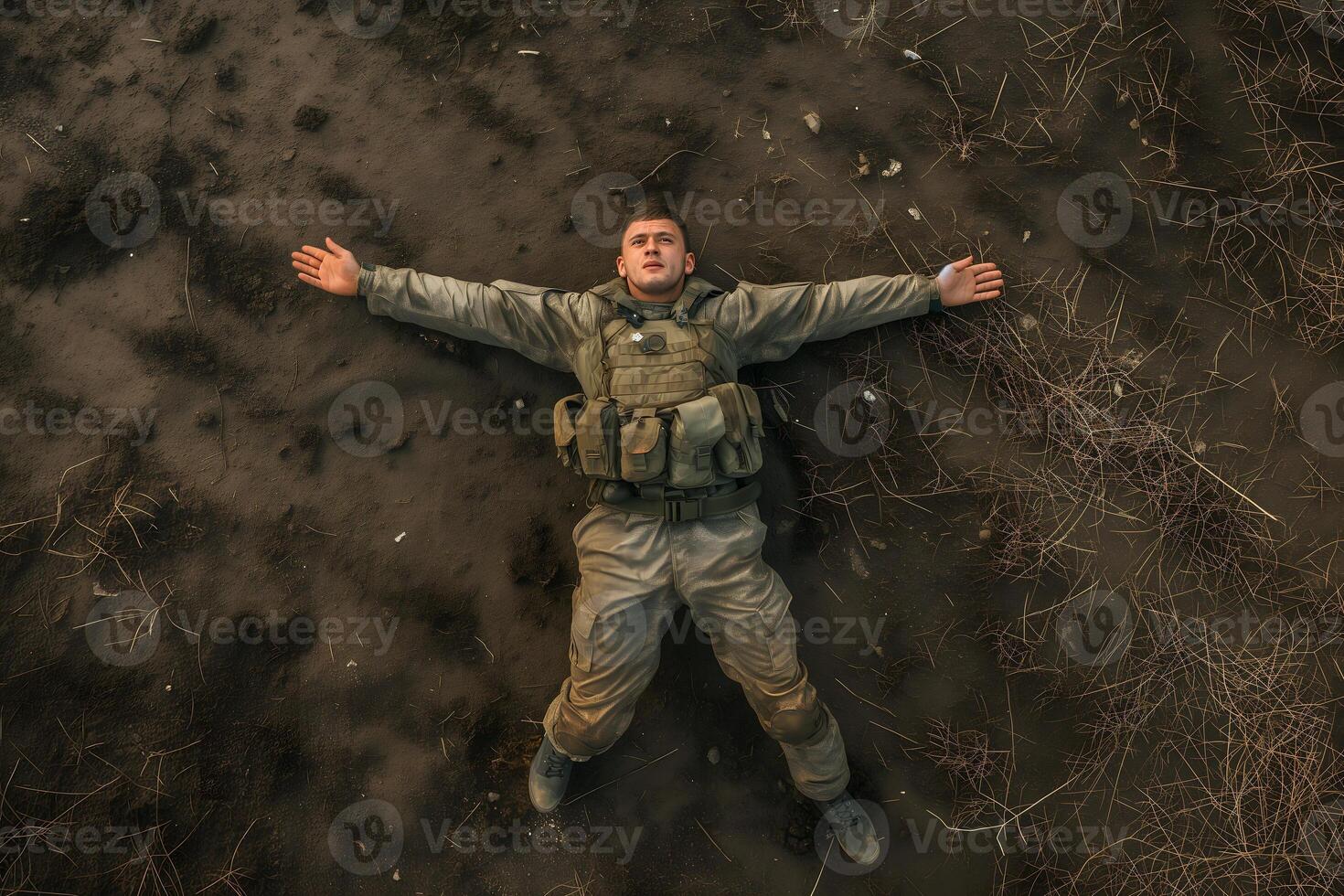 AI Generated soldier laid on the battlefield, view from above, drone point of view photo