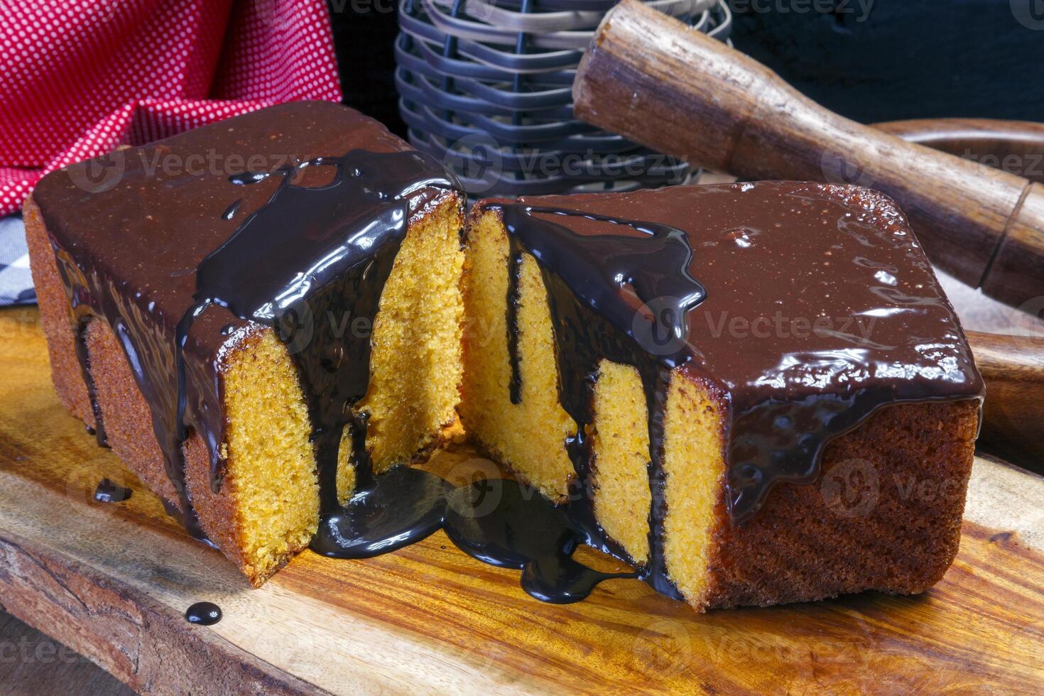 Carrot cake with chocolate syrup photo