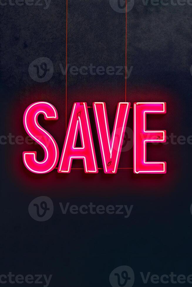 AI Generated Neon word SAVE on dark shabby wall photo