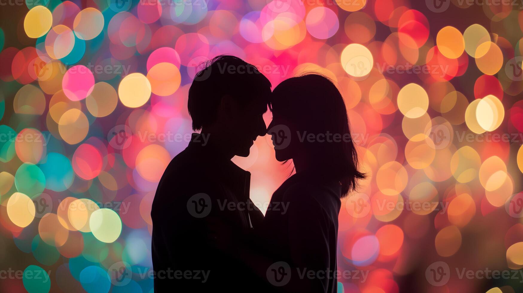 ai generado silueta de un Pareja con un vistoso bokeh antecedentes foto