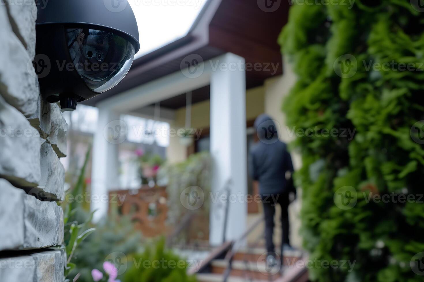 ai generado ladrón a el frente puerta de un casa cerca vigilancia cámara foto