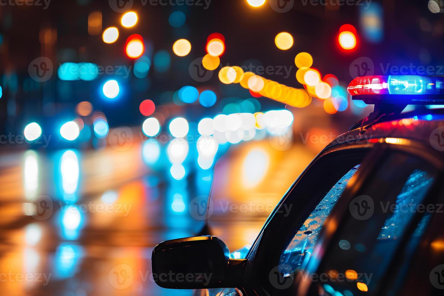 AI Generated police car lights at night in city street with selective focus and bokeh photo