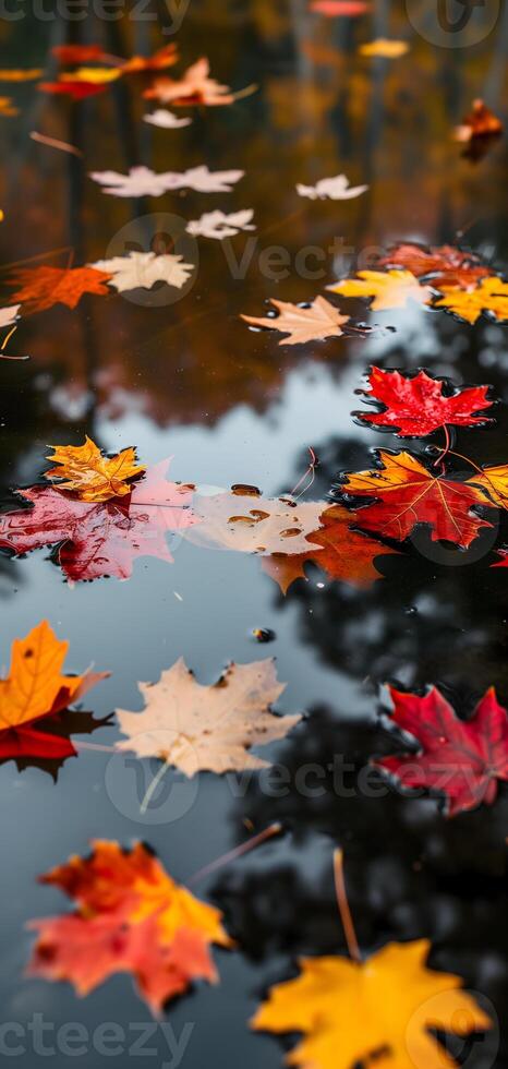 AI Generated An abstract composition of colorful autumn leaves floating on a reflective water surface of a pond photo