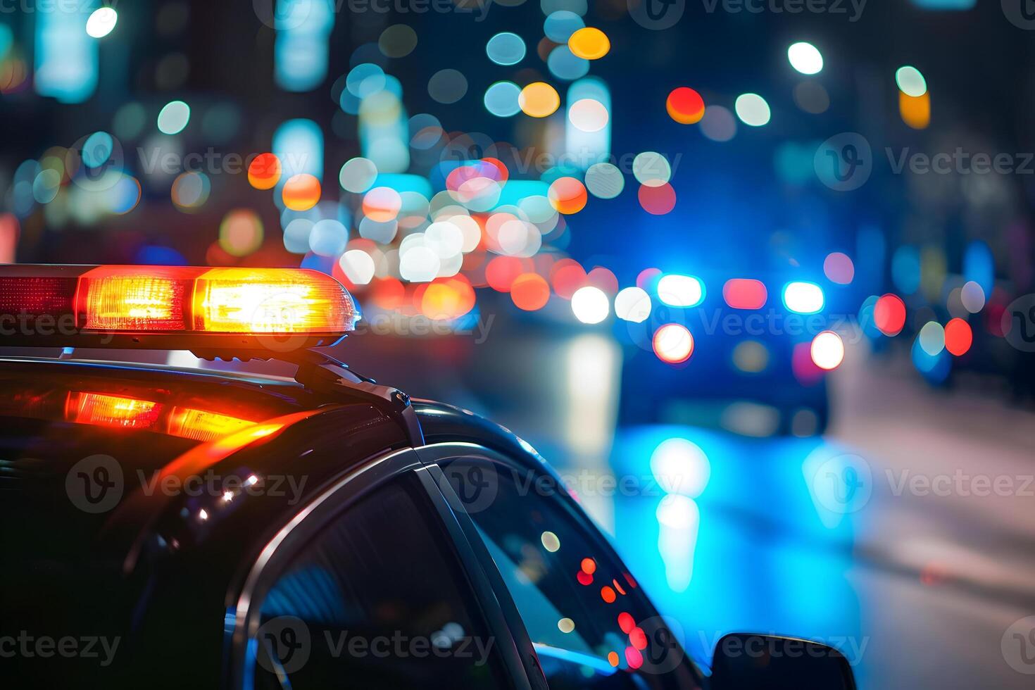 AI Generated police car lights at night in city street with selective focus and bokeh photo