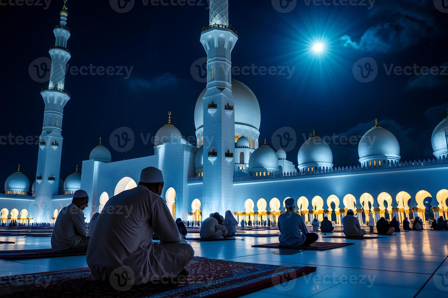 AI Generated Muslim prayers sitting in front of mosque at Ramadan night with selective focus, neural network generated image photo