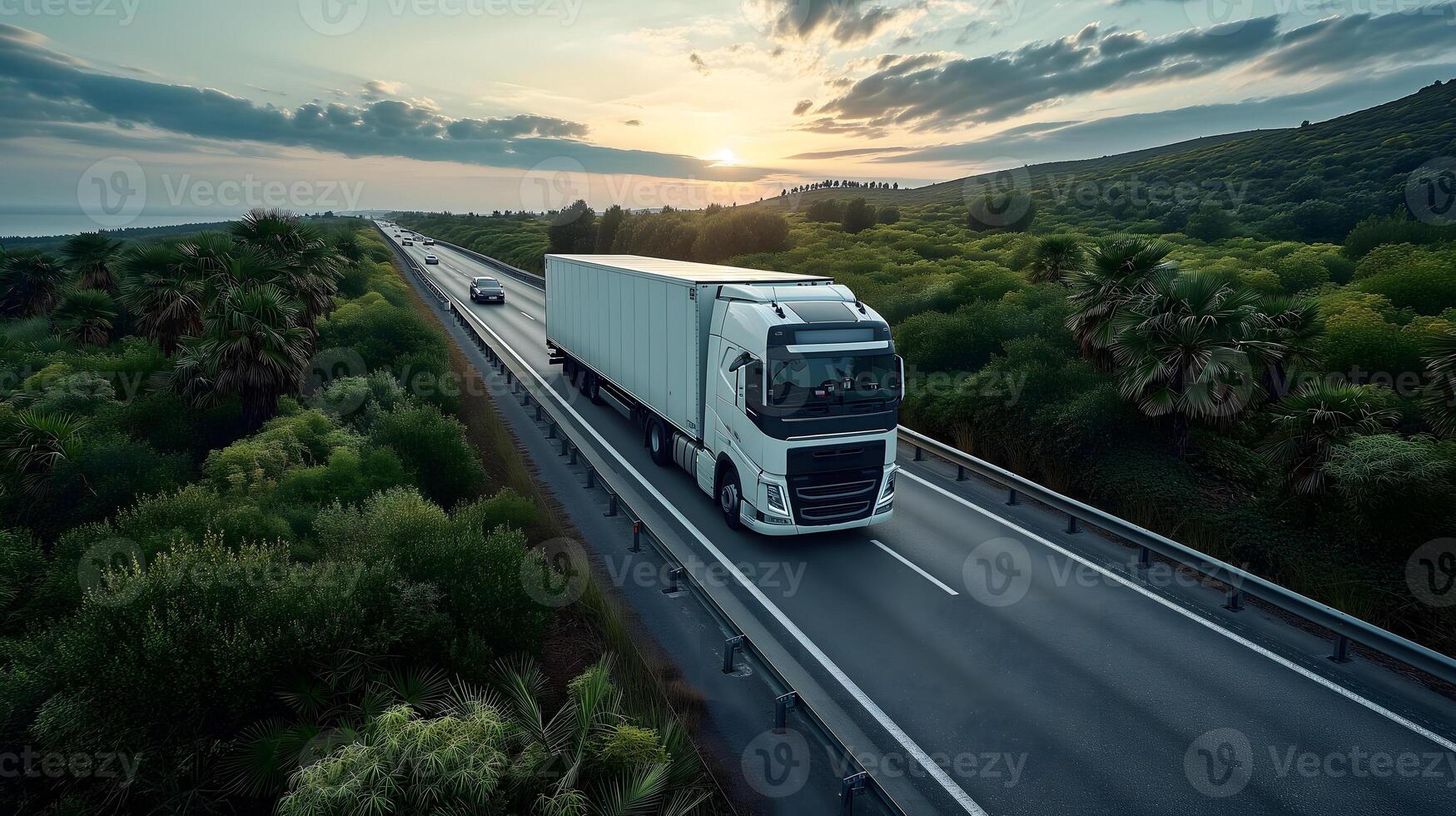 AI Generated white European semitruck is seen from the sky on a highway backed by vegetation photo