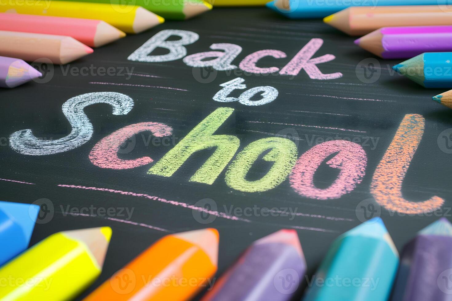 AI Generated Naive children's drawing with colored chalk on black background, made by hand by a child, text Back to School photo