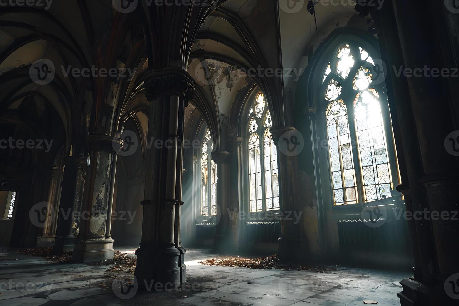 AI Generated Dark gothic abandoned ancient chapel hall interior with tall windows and columns, foggy and empty. photo