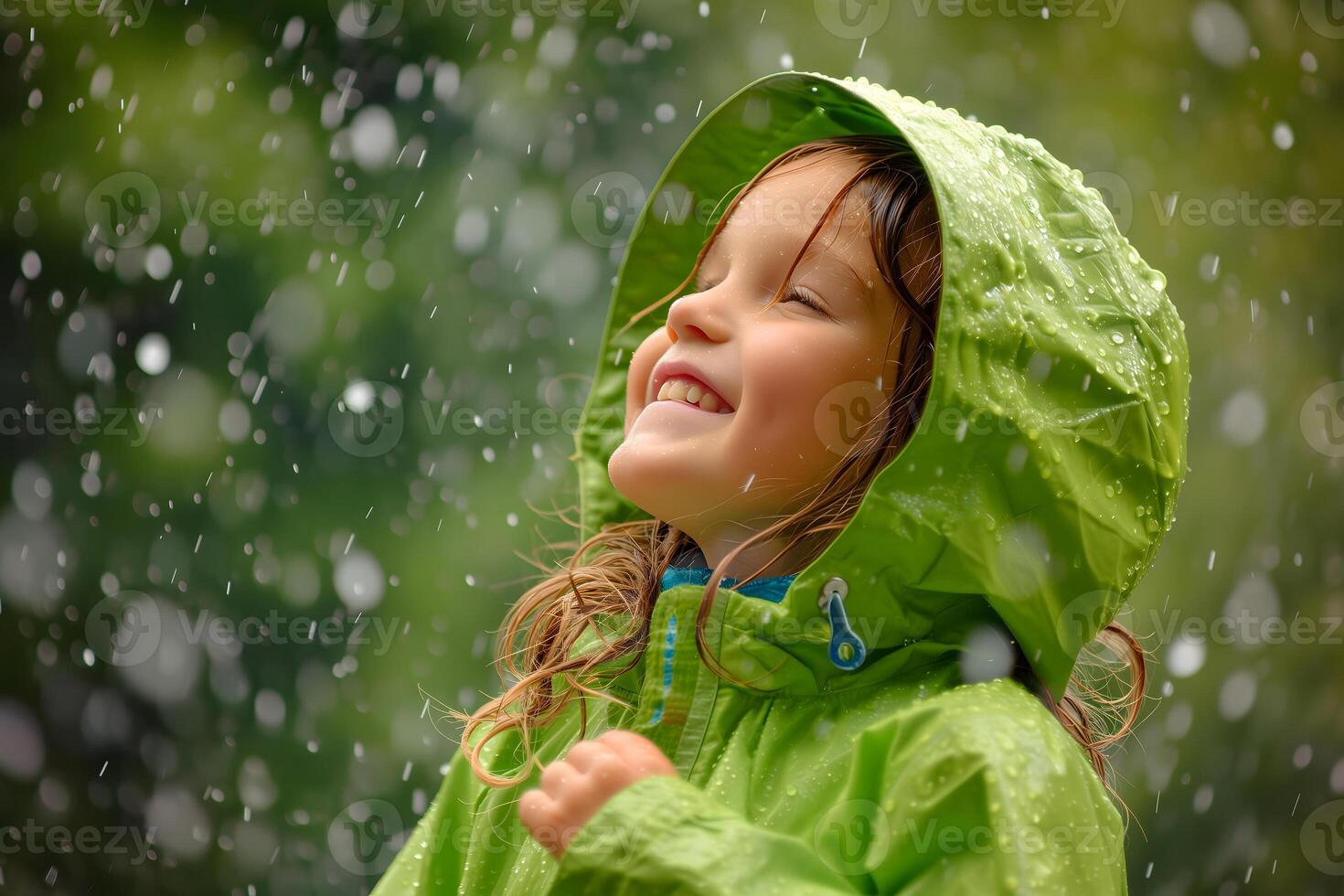 AI Generated Happy child in green raincoat enjoying rain. photo