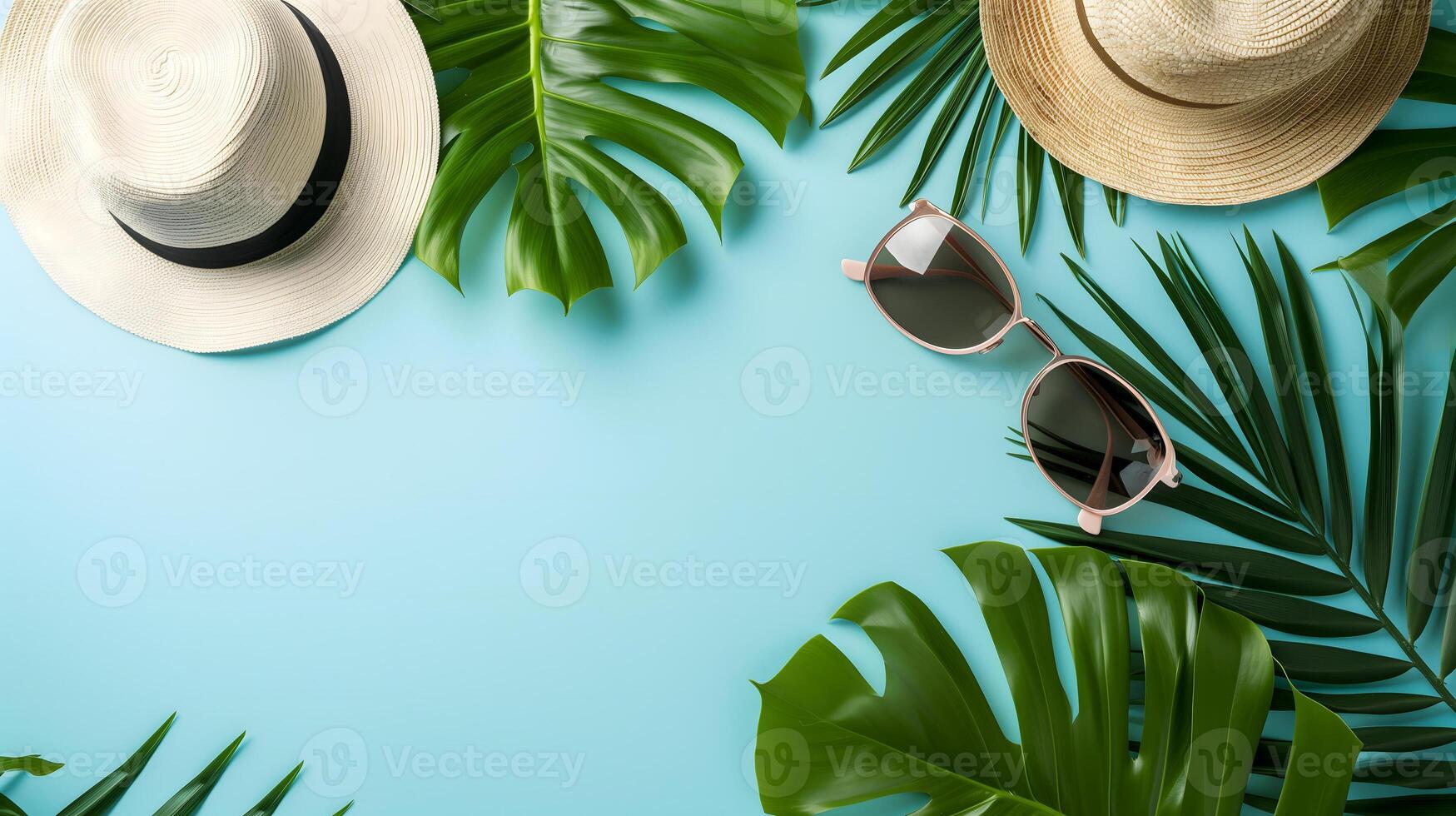 AI Generated Hats, sunglasses, palm tree leaves on blue background. Blank, top view, still life, flat lay. Sea vacation travel concept tourism and resorts. Summer holidays. photo