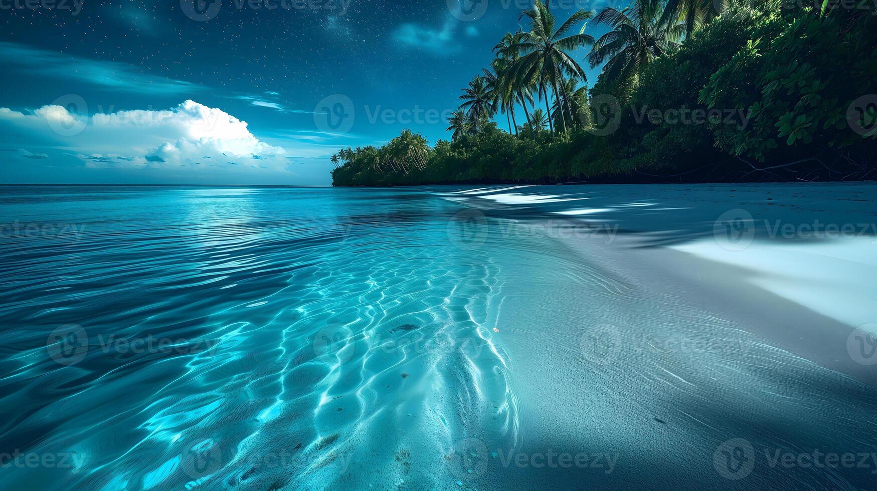 AI Generated tropical beach view at sunny day with white sand, turquoise water and palm tree, neural network generated image photo