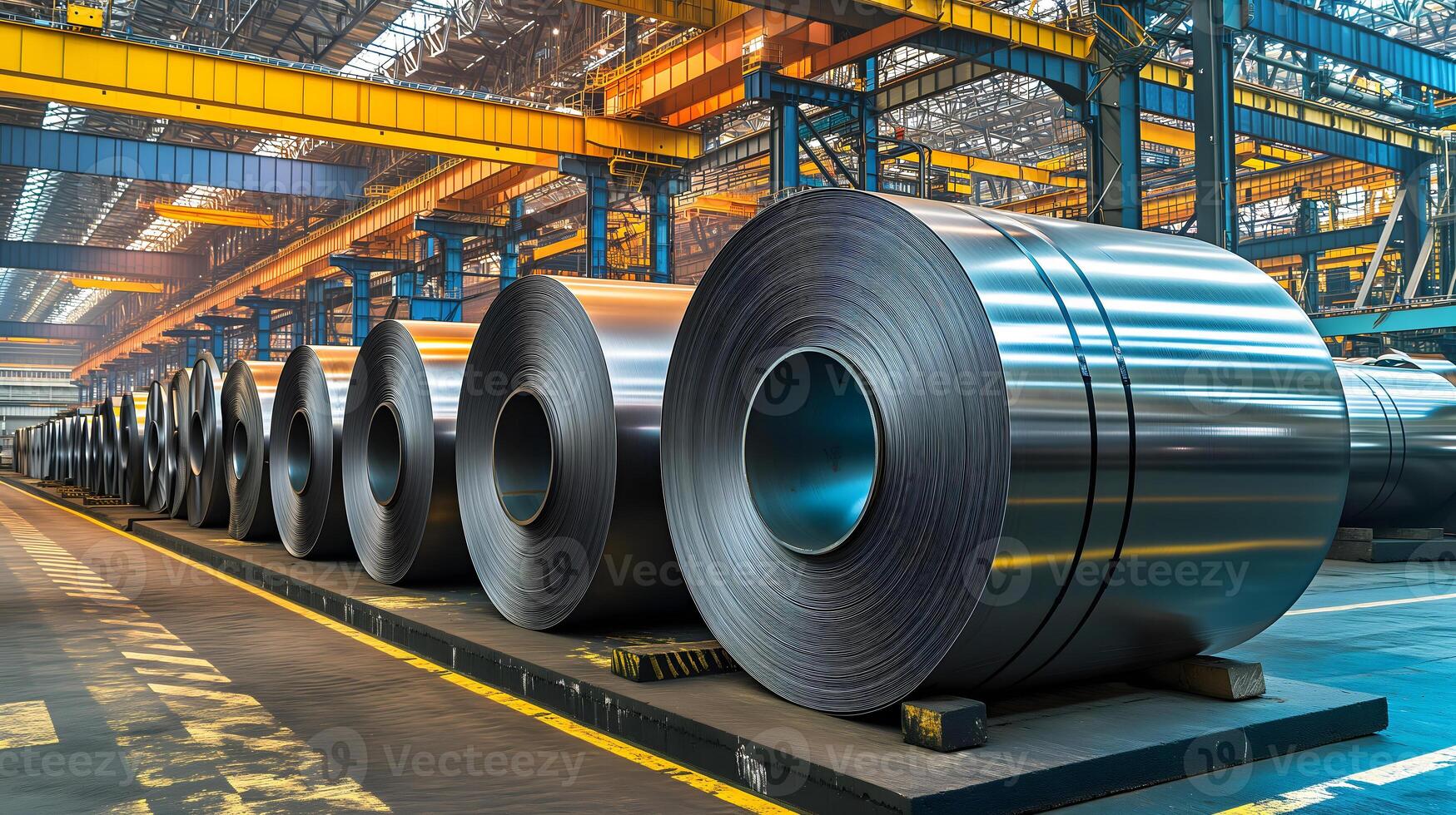 AI Generated Packed rolls of steel sheet, Cold rolled steel coils in a warehouse photo