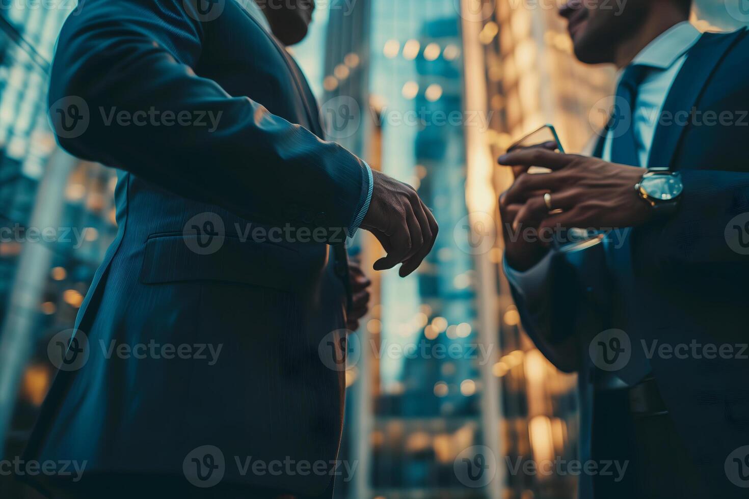 AI Generated Close up abstract business background with businessmen navigating the cityscape, Interacting and collaborating photo
