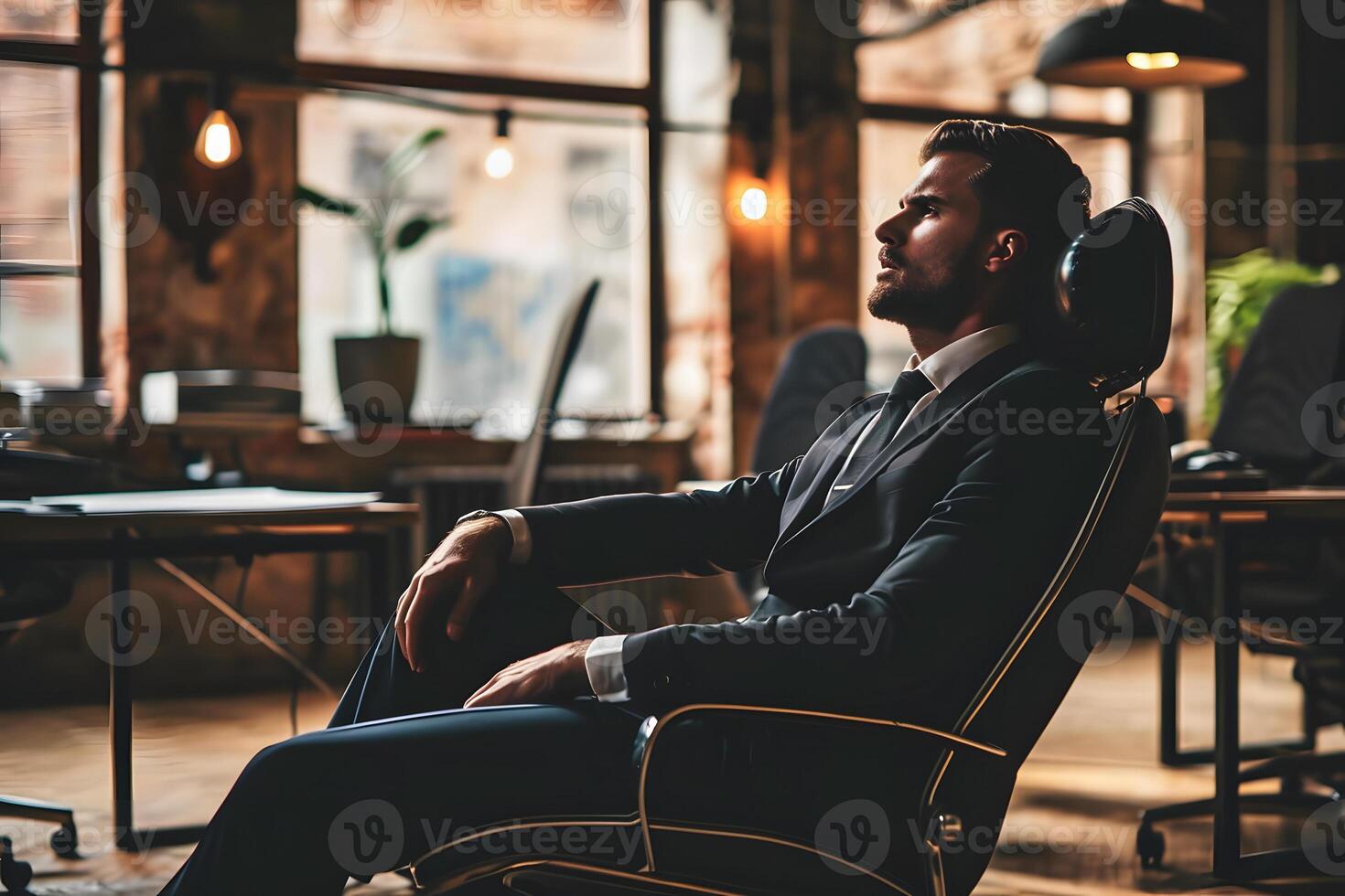 AI Generated Businessman seated in his chair and thinking. photo