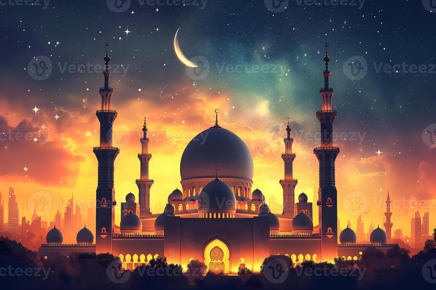 AI Generated Ramadan mosque with night afterglow sky with crescent, neural network generated image photo