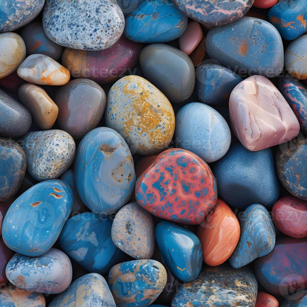 AI Generated seamless texture and full-frame background of colorful round beach pebbles with high angle view photo