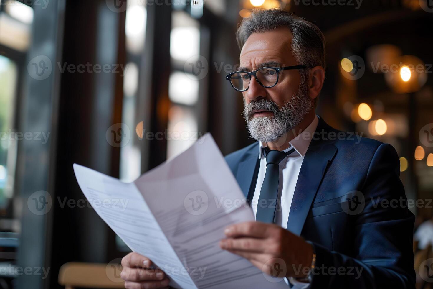 AI Generated Busy middle aged executive manager holding document photo